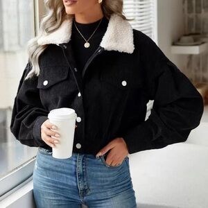 SHEIN Black Corduroy Jacket with White Sherpa Collar